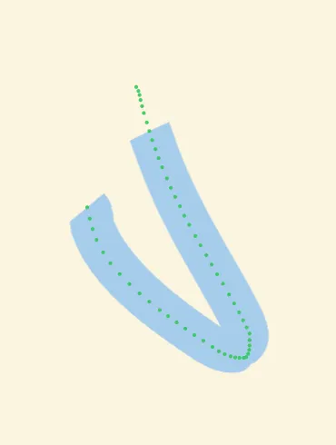 The same curved blue stroke after adding a local arc-length gate, with both branches restored around the green sampled path.