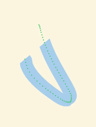 A curved blue stroke before the cap-clip fix, with its upper body cut off along a diagonal line; green dots show the full sampled path.
