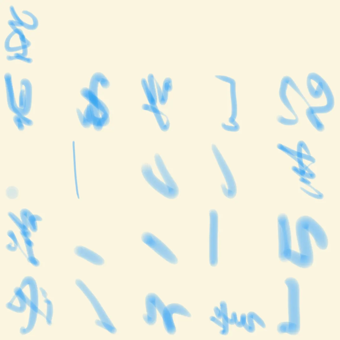 A sheet of varied blue highlighter strokes rendered by the final soft-stamp model, including loops, hooks, short marks, and self-intersections.