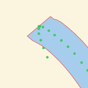 Instrumented close-up after trimming: the blue fill ends at the last written samples and the low-pressure green dots remain outside it.