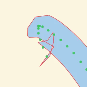 Instrumented close-up before trimming: green input samples turn away from the stroke while the red outline forms a narrow hook.